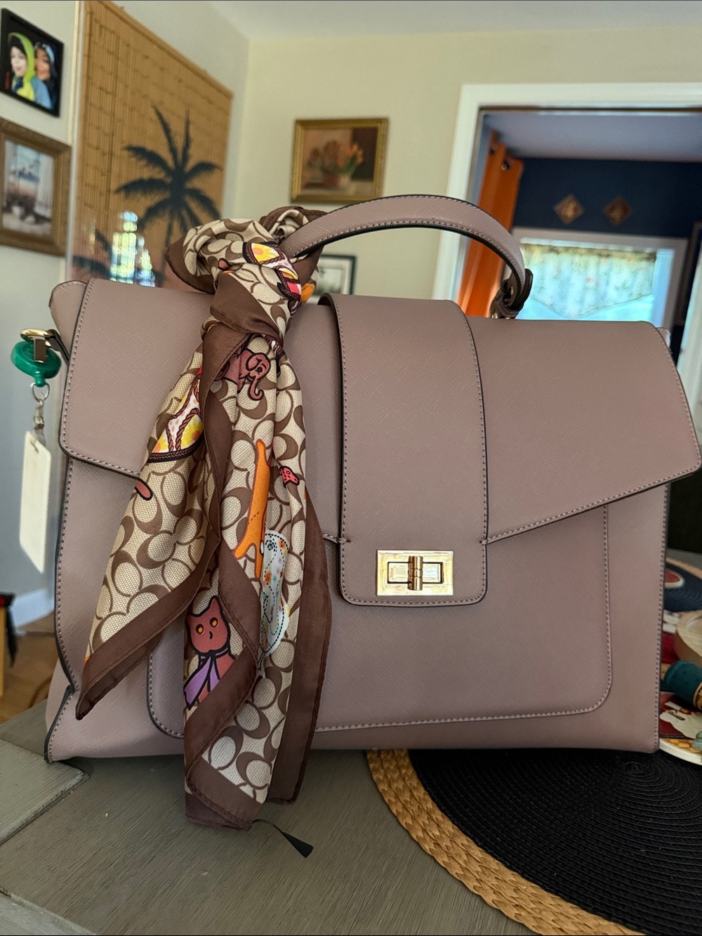 Vintage Dusty Taupe Satchel with Gold Hardware and Patterned Scarf